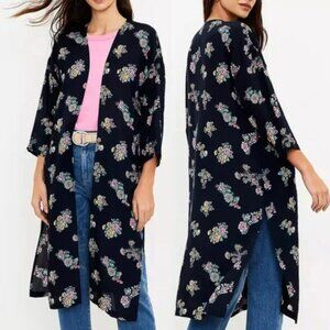 ANN TAYLOR LOFT Floral Bouquet Duster Kimono Navy Blue Cardigan / Swim Cover Up